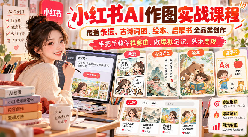 小红书AI作图实战课程，覆盖条漫、古诗词图、绘本、启蒙书全品类创作，手把手教你找赛道、做爆款笔记、落地变现-云创网