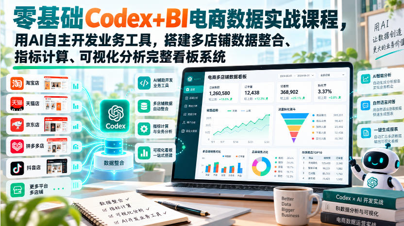零基础Codex+BI电商数据实战课程，用AI自主开发业务工具，搭建多店铺数据整合、指标计算、可视化分析完整看板系统-云创网
