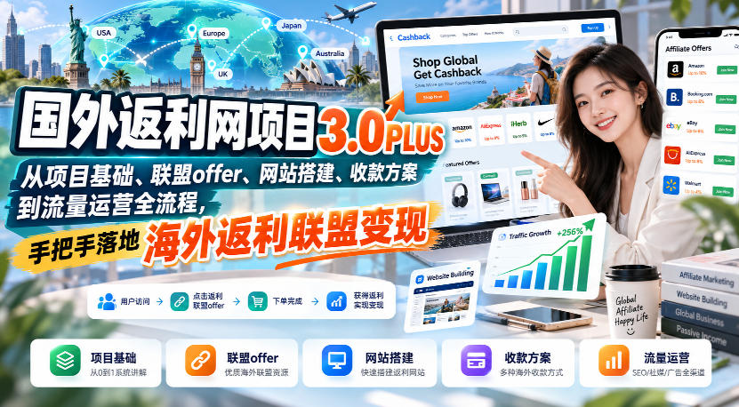 国外返利网项目3.0PLUS，从项目基础、联盟offer、网站搭建、收款方案到流量运营全流程，手把手落地海外返利联盟变现-云创网