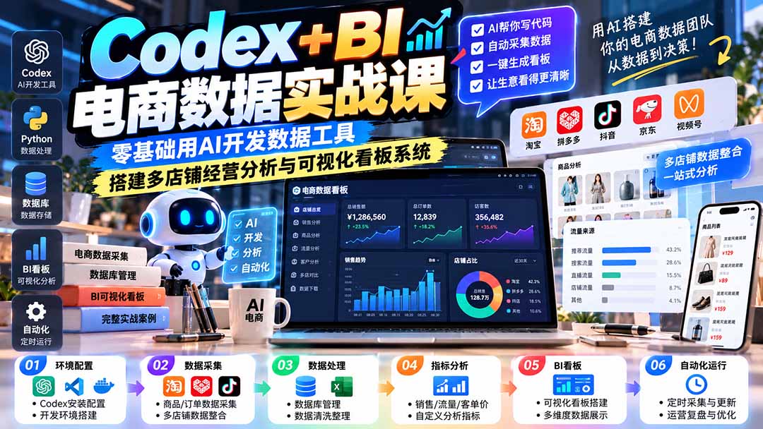 Codex+BI电商数据实战课：零基础用AI开发数据工具，搭建多店铺经营分析与可视化看板系统-云创网