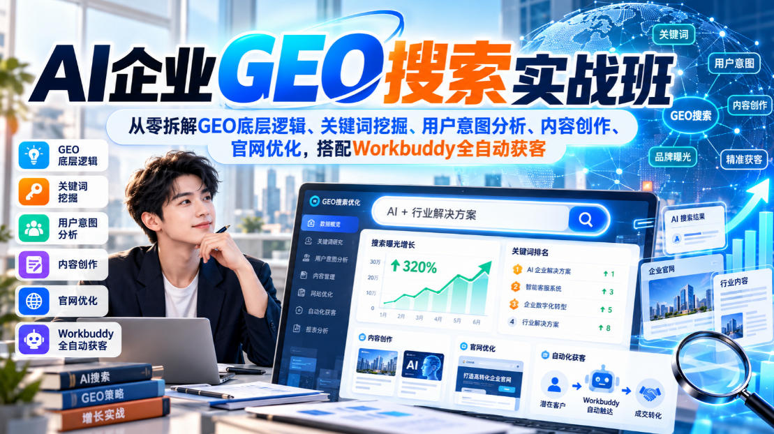AI企业GEO搜索实战班，从零拆解GEO底层逻辑、关键词挖掘、用户意图分析、内容创作、官网优化，搭配Workbuddy全自动获客-云创网