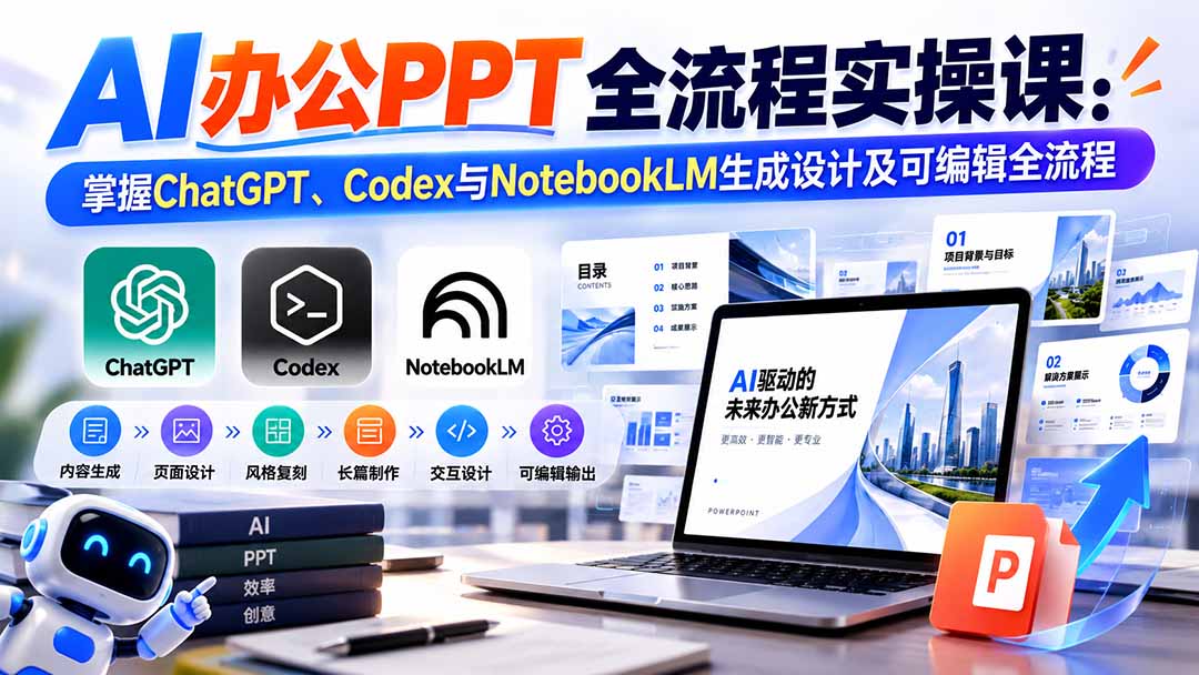 【无水印】AI办公PPT全流程实操课： 掌握ChatGPT、Codex与NotebookLM生成设计及可编辑全流程-云创网