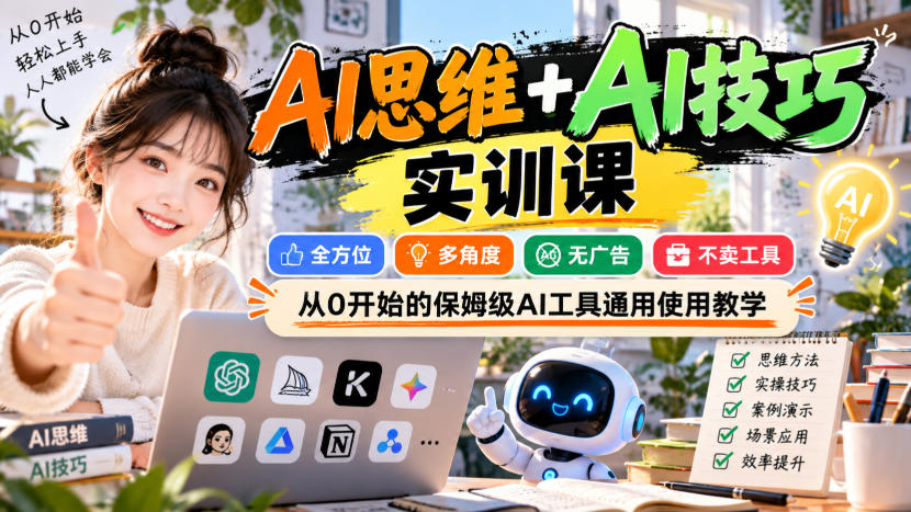 【无水印】AI思维+AI技巧实训课，全方位、多角度、无广告、不卖工具，从0开始的保姆级AI工具通用使用教学-云创网