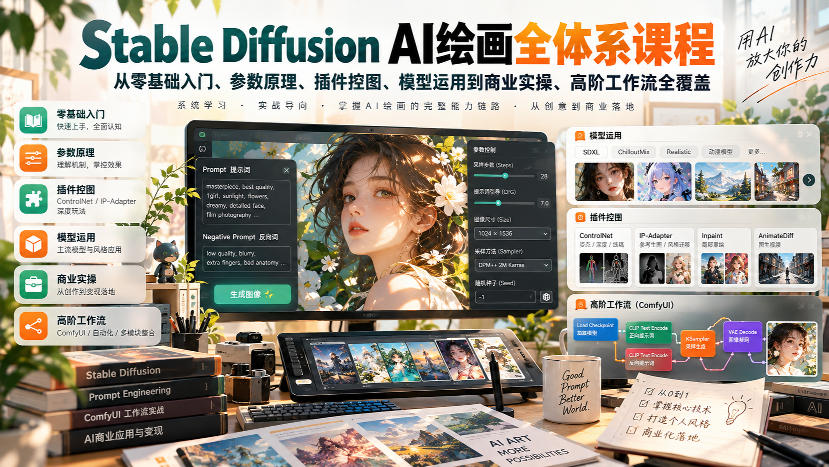 【无水印】Stable Diffusion AI绘画全体系课程，从零基础入门、参数原理、插件控图、模型运用到商业实操、高阶工作流全覆盖-云创网