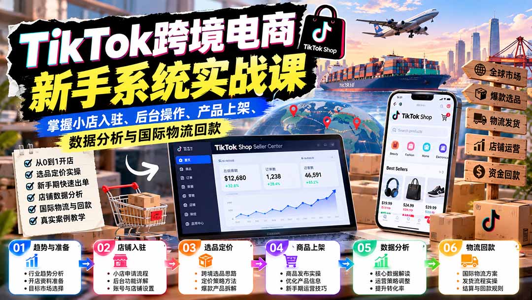 TikTok跨境电商新手系统实战课：掌握小店入驻、后台操作、产品上架、数据分析与国际物流回款-云创网