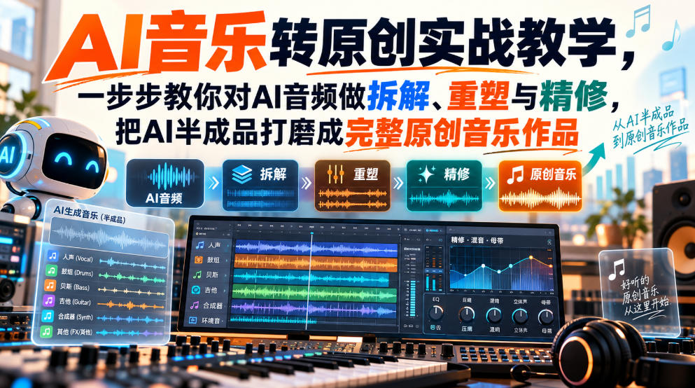AI音乐转原创实战教学，一步步教你对AI音频做拆解、重塑与精修，把AI半成品打磨成完整原创音乐作品-云创网