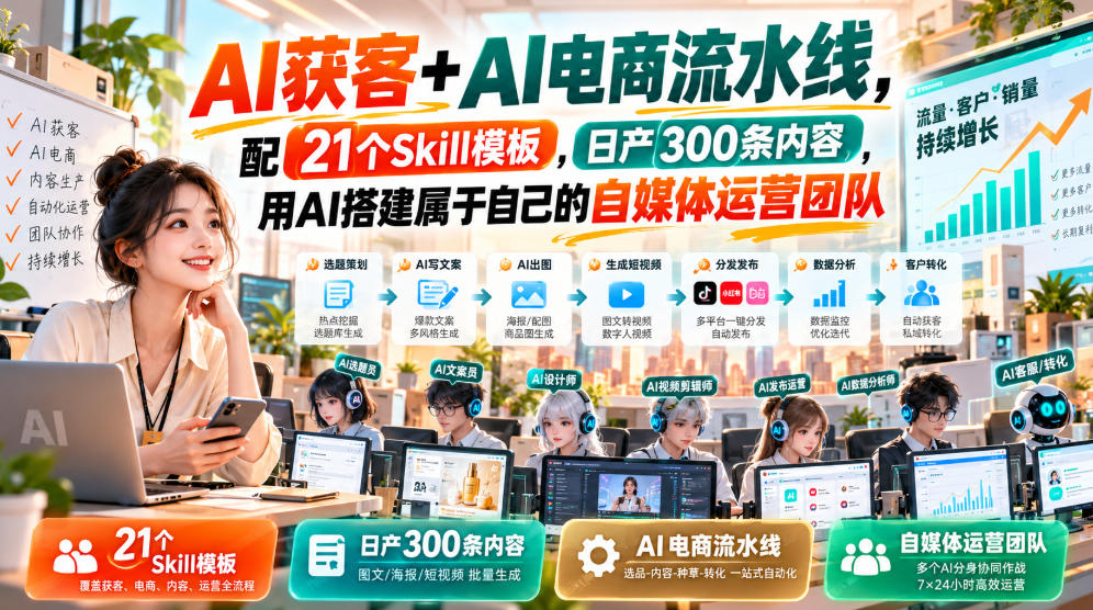 AI获客+AI电商流水线，配21个Skill模板，日产300条内容，用AI搭建属于自己的自媒体运营团队-云创网