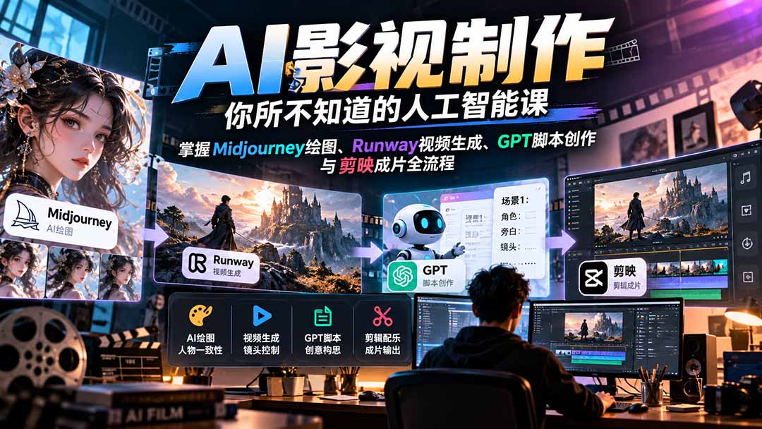 【无水印】AI影视制作-你所不知道的人工智能课，掌握Midjourney绘图、Runway视频生成、GPT脚本创作与剪映成片全流程-云创网
