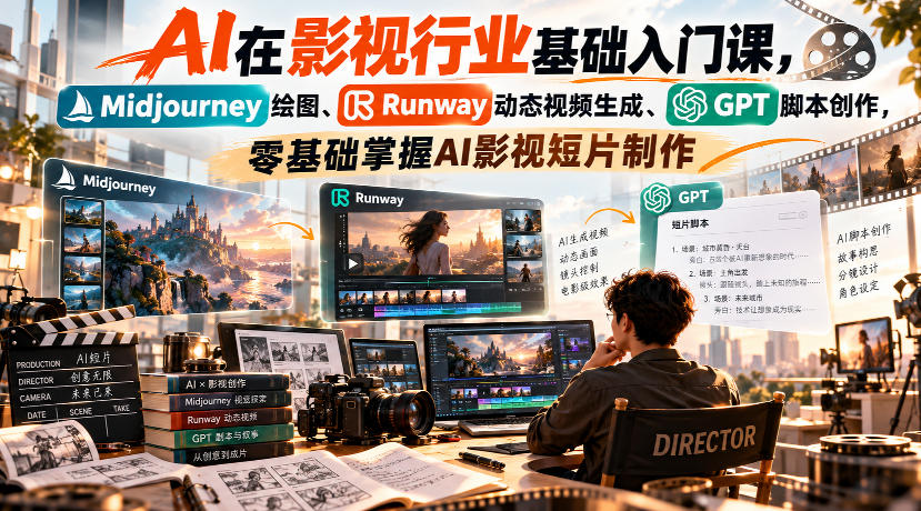 【无水印】AI在影视行业基础入门课，Midjourney绘图、Runway动态视频生成、GPT脚本创作，零基础掌握AI影视短片制作-云创网