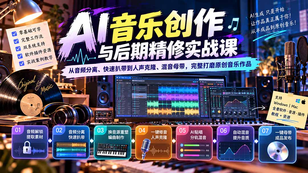 AI音乐创作与后期精修实战课：从音频分离、快速扒带到人声克隆、混音母带，完整打磨原创音乐作品-云创网