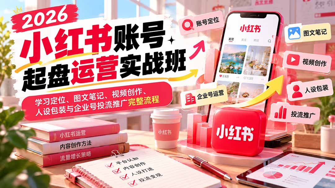 2026小红书账号起盘运营实战班：学习定位、图文笔记、视频创作、人设包装与企业号投流推广完整流程-云创网