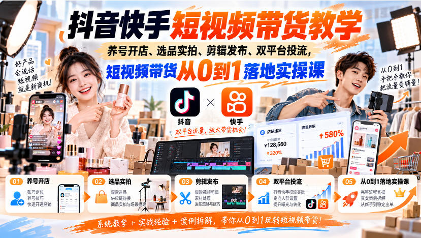 抖音快手短视频带货教学｜养号开店、选品实拍、剪辑发布、双平台投流，短视频带货从0到1落地实操课-云创网
