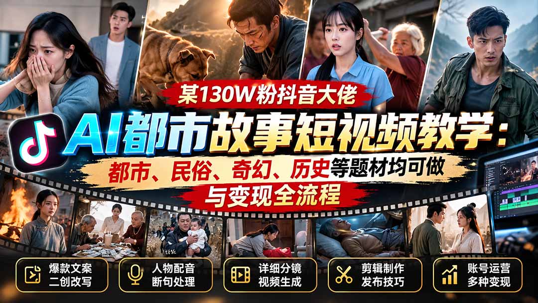 某130W粉抖音大佬AI都市故事短视频教学：都市、民俗、奇幻、历史等题材均可做与变现全流程-云创网