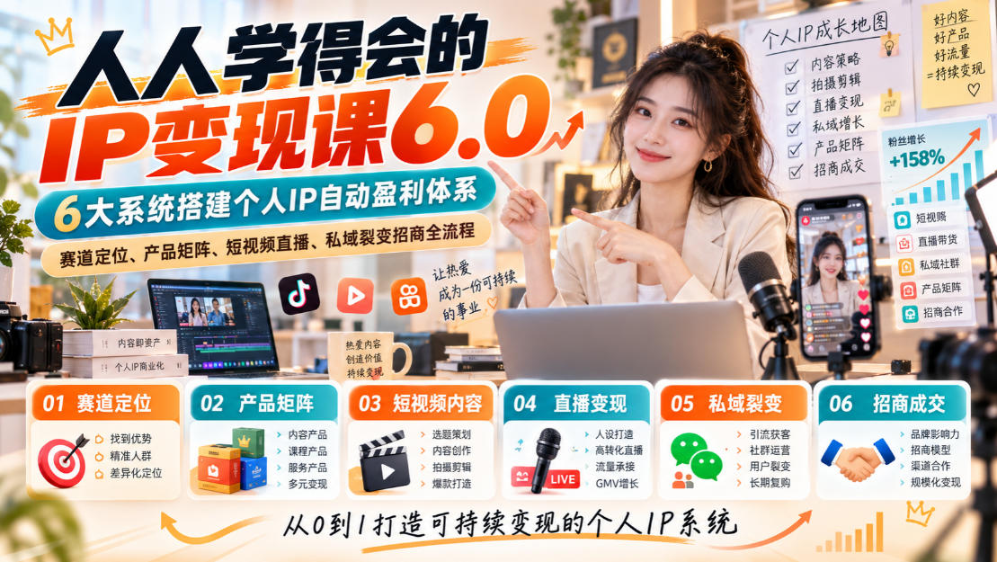 人人学得会的IP变现课6.0，6大系统搭建个人IP自动盈利体系，赛道定位、产品矩阵、短视频直播、私域裂变招商全流程-云创网