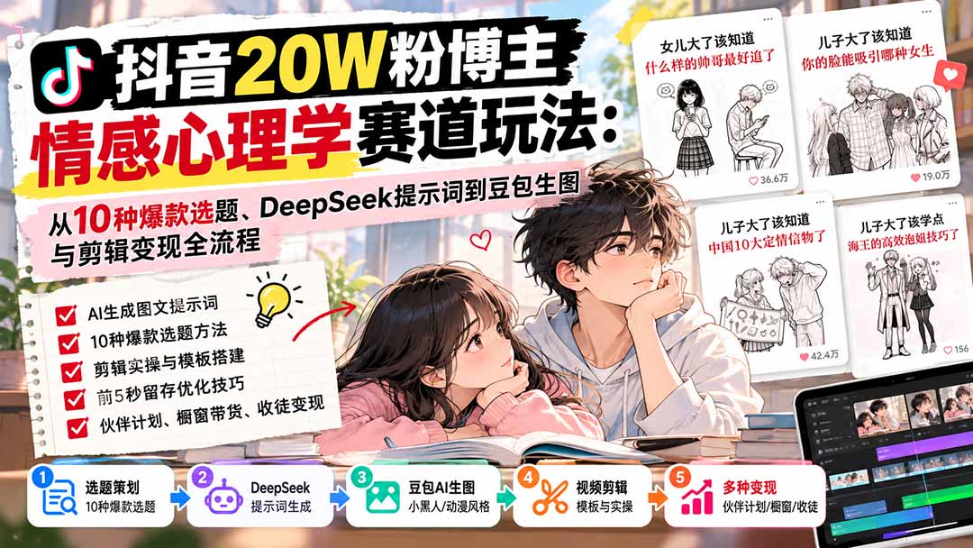 抖音20W粉博主-情感心理学赛道玩法：从10种爆款选题、DeepSeek提示词到豆包生图与剪辑变现全流程-云创网