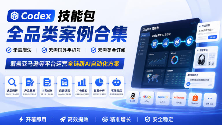 Codex技能包全品类案例合集，无需魔法、无需国外手机号、无需美金订阅，覆盖亚马逊等平台运营全链路AI自动化方案-云创网