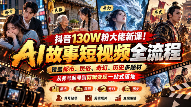抖音130W粉大佬新课！AI故事短视频全流程，覆盖都市、民俗、奇幻、历史多题材，从养号起号到剪辑变现一站式落地-云创网