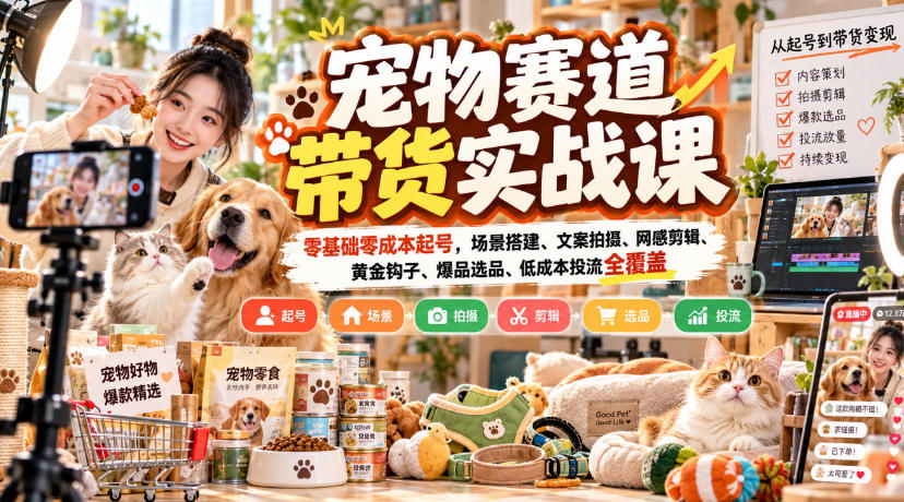 宠物赛道带货实战课，零基础零成本起号，场景搭建、文案拍摄、网感剪辑、黄金钩子、爆品选品、低成本投流全覆盖-云创网