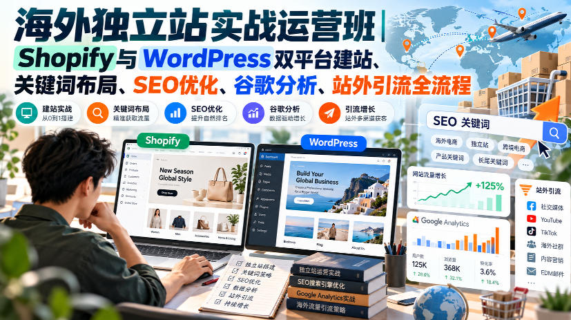 海外独立站实战运营班｜Shopify与WordPress双平台建站、关键词布局、SEO优化、谷歌分析、站外引流全流程-云创网