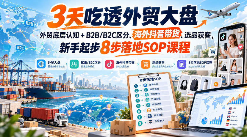 3天吃透外贸大盘，外贸底层认知+B2B/B2C区分、海外抖音带货、选品获客，新手起步8步落地SOP课程-云创网