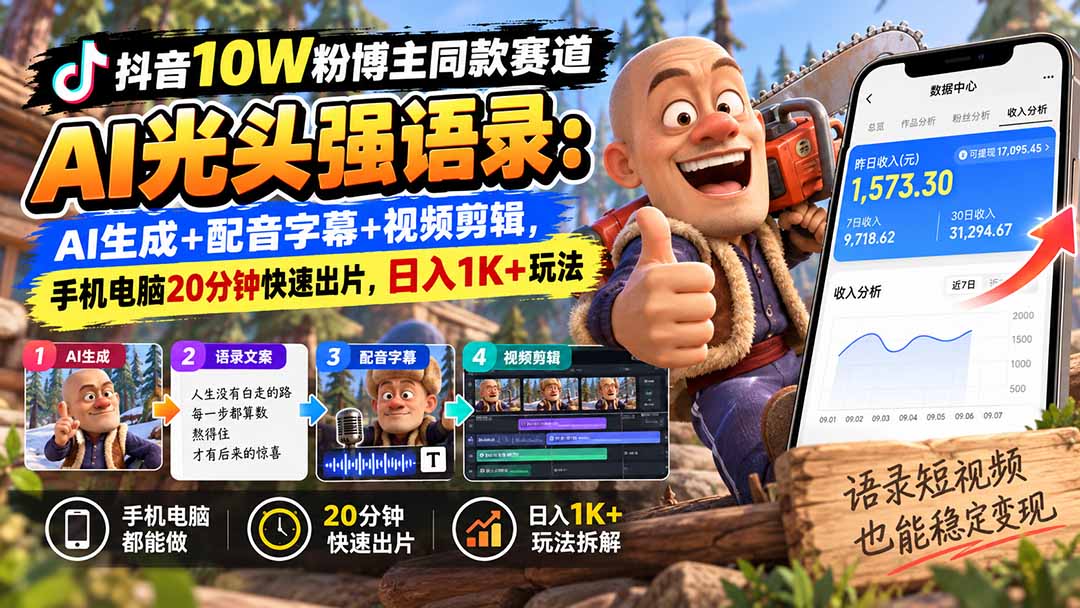 【无水印】抖音10W粉博主同款赛道AI光头强语录：AI生成+配音字幕+视频剪辑，手机电脑20分钟快速出片，日入1K+玩法-云创网
