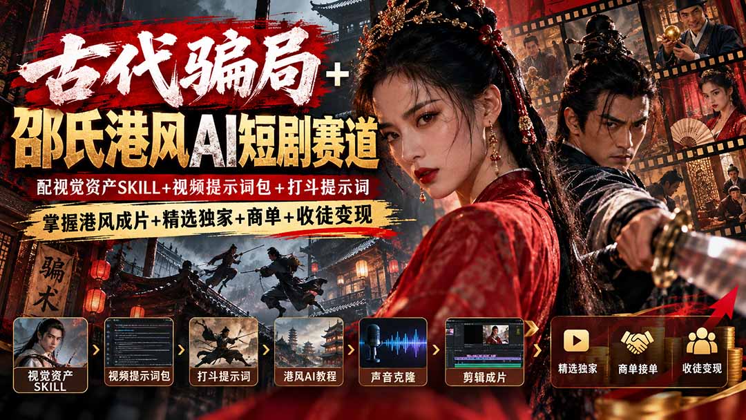 古代骗局+邵氏港风AI短剧赛道：配视觉资产SKILL+视频提示词包+打斗提示词，掌握港风成片+精选独家+商单+收徒变现-云创网