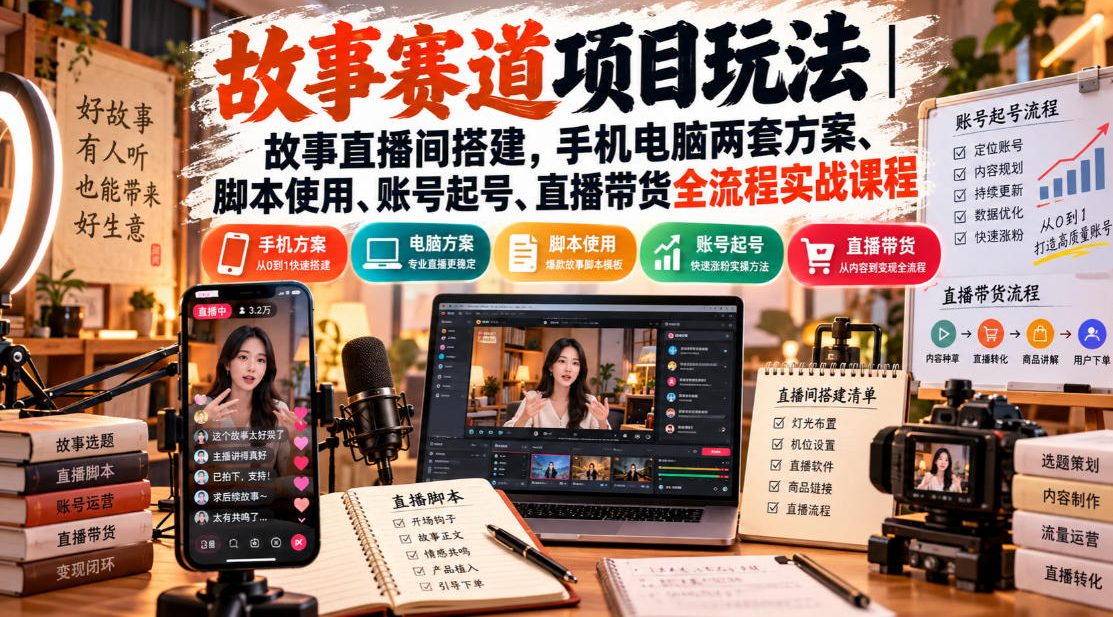 故事赛道项目玩法｜故事直播间搭建，手机电脑两套方案、脚本使用、账号起号、直播带货全流程实战课程-云创网