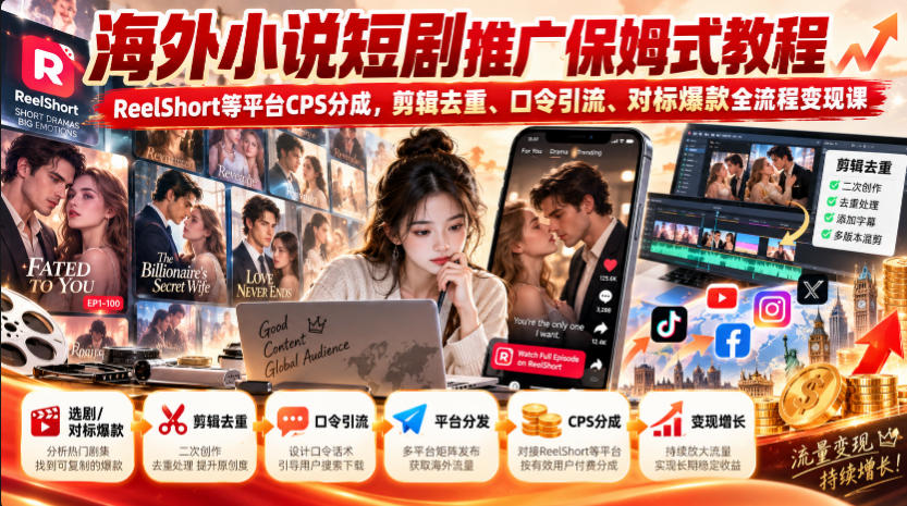 海外小说短剧推广保姆式教程｜ReelShort等平台CPS分成，剪辑去重、口令引流、对标爆款全流程变现课-云创网
