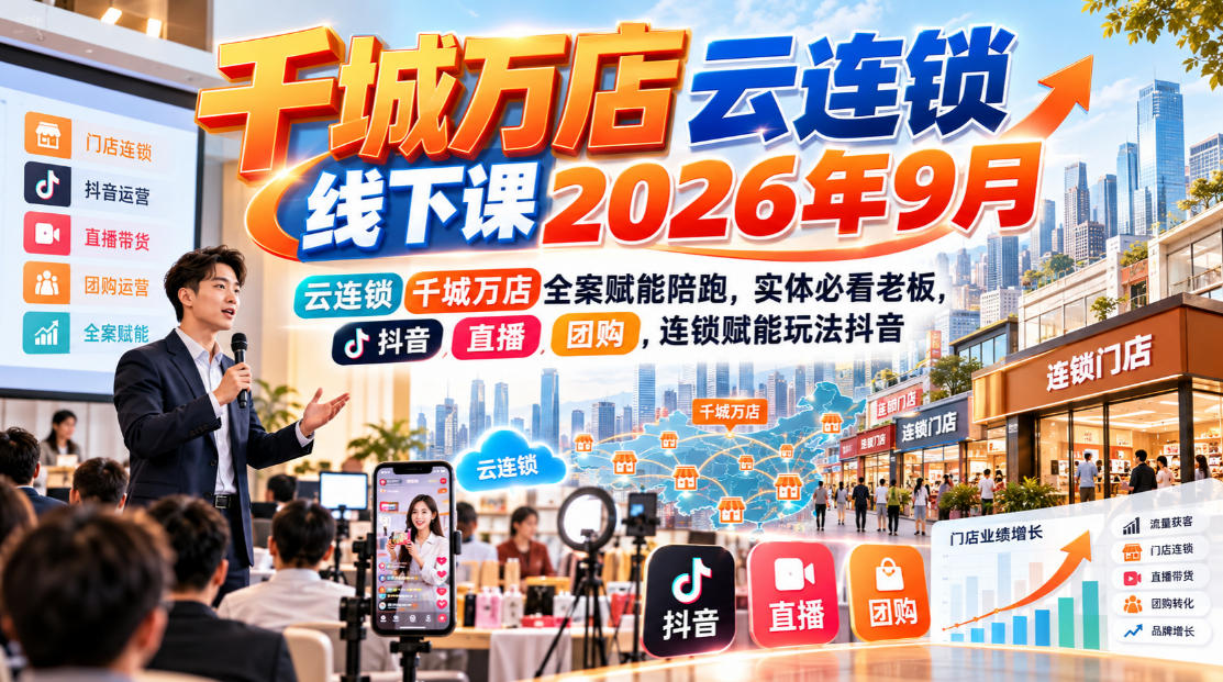千城万店云连锁线下课2026年9月，云连锁千城万店全案赋能陪跑，实体必看老板，抖音，直播，团购，连锁赋能玩法抖音-云创网