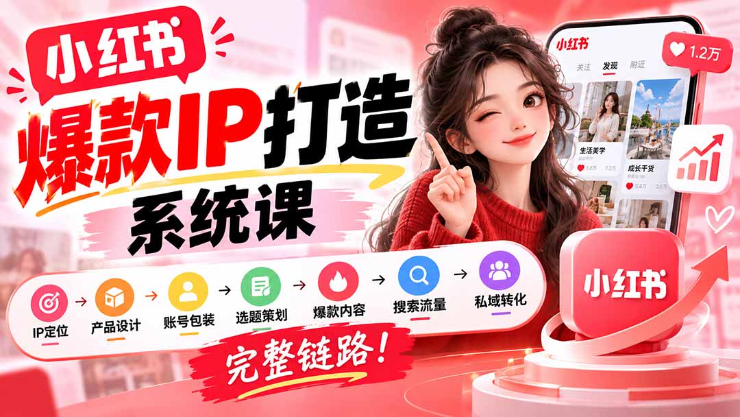 【无水印】小红书爆款IP打造课：IP定位→产品设计→账号包装→选题策划→爆款内容→搜索流量→私域转化，完整链路-云创网