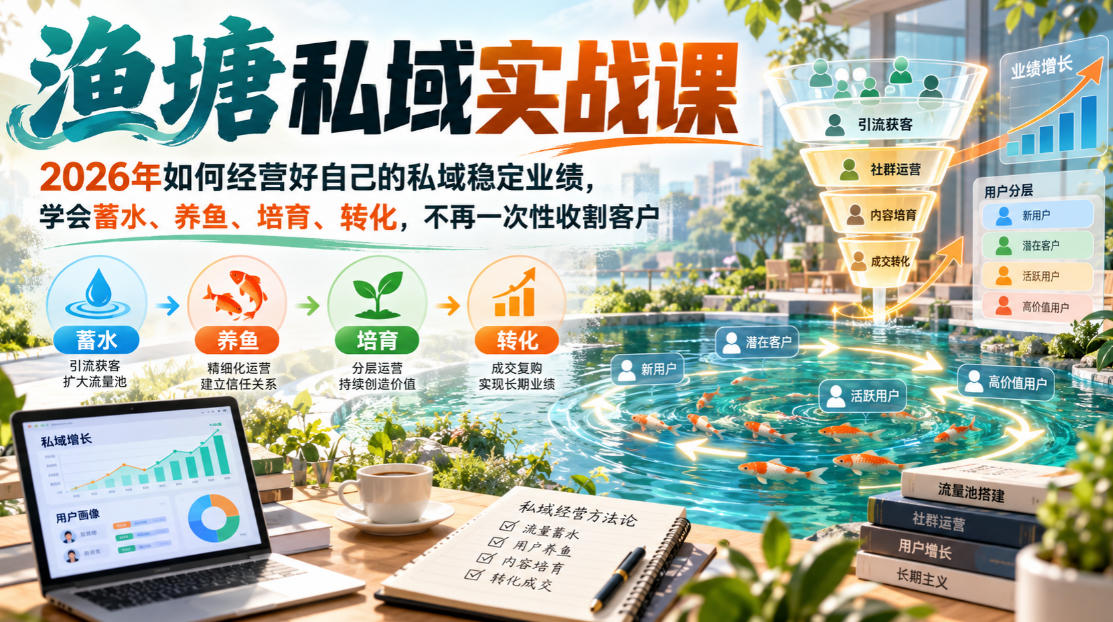 渔塘私域实战课，2026年如何经营好自己的私域稳定业绩，学会蓄水、养鱼、培育、转化，不再一次性收割客户-云创网