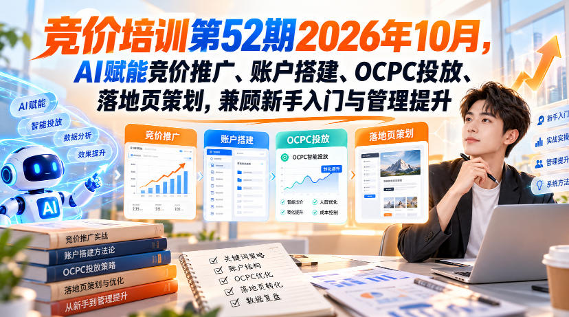 【无水印】竞价培训第52期2026年10月，AI赋能竞价推广、账户搭建、OCPC投放、落地页策划，兼顾新手入门与管理提升-云创网