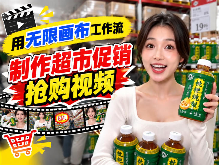 无限画布超市促销抢购视频工作流，一键产出TikTok抖音带货短视频-云创网