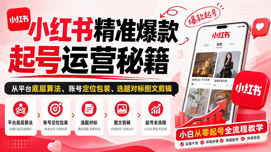 小红书精准爆款起号运营秘籍，从平台底层算法、账号定位包装、选题对标图文剪辑，小白从零起号全流程-云创网
