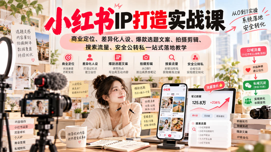 小红书ip打造实战课，商业定位、差异化人设、爆款选题文案、拍摄剪辑、搜索流量、安全公转私一站式落地教学-云创网