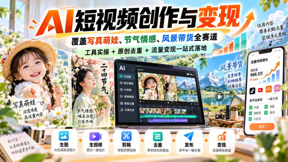 AI短视频创作与变现，覆盖写真萌娃、节气情感、风景带货全赛道，工具实操+原创去重+流量变现一站式落地-云创网