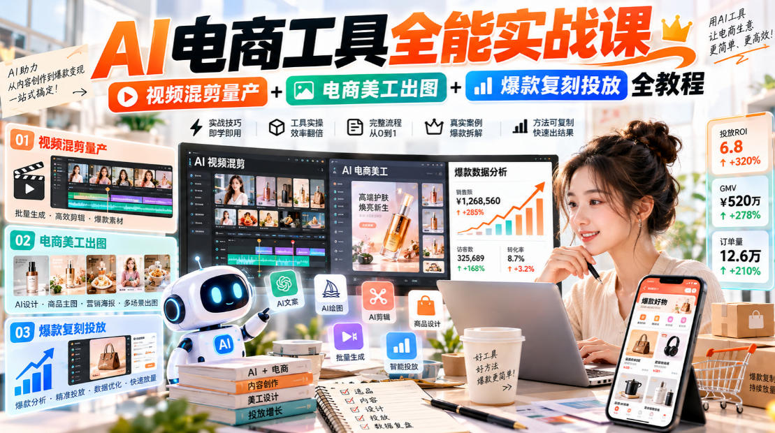 AI电商工具全能实战教学，视频混剪量产+电商美工出图+爆款复刻投放全教程​-云创网