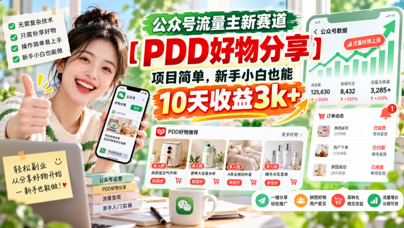 公众号流量主新赛道【PDD好物分享】，项目简单，新手小白也能10天收益3k+-云创网
