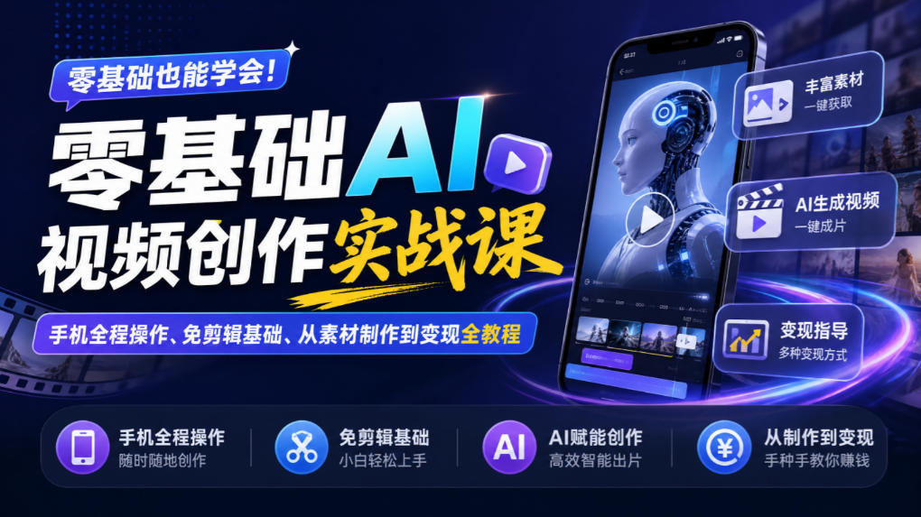 零基础AI视频创作实战课｜手机全程操作、免剪辑基础、从素材制作到变现全教程​-云创网