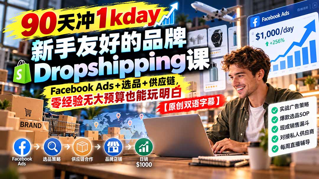 90天冲1kday 新手友好的品牌Dropshipping课：Facebook Ads+选品+供应链，零经验无大预算也能玩明白【原创双语字幕】-云创网