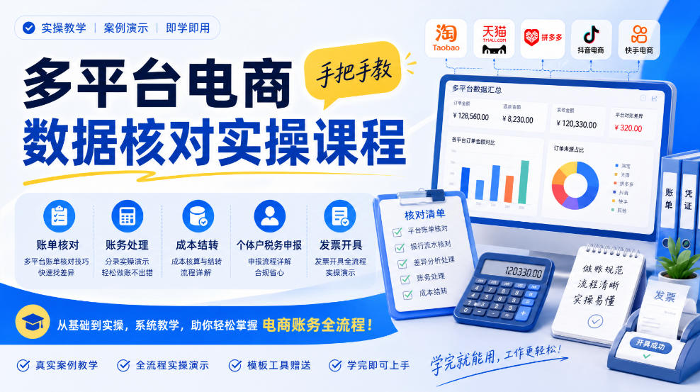 多平台电商数据核对实操课程，手把手教账单核对、账务处理、成本结转、个体户税务申报与发票开具-云创网