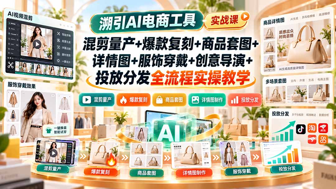 溯引AI电商工具实战课：混剪量产+爆款复刻+商品套图+详情图+服饰穿戴+创意导演+投放分发全流程实操教学-云创网