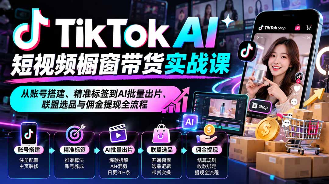 TikTok AI短视频橱窗带货实战课：从账号搭建、精准标签到AI批量出片、联盟选品与佣金提现全流程-云创网