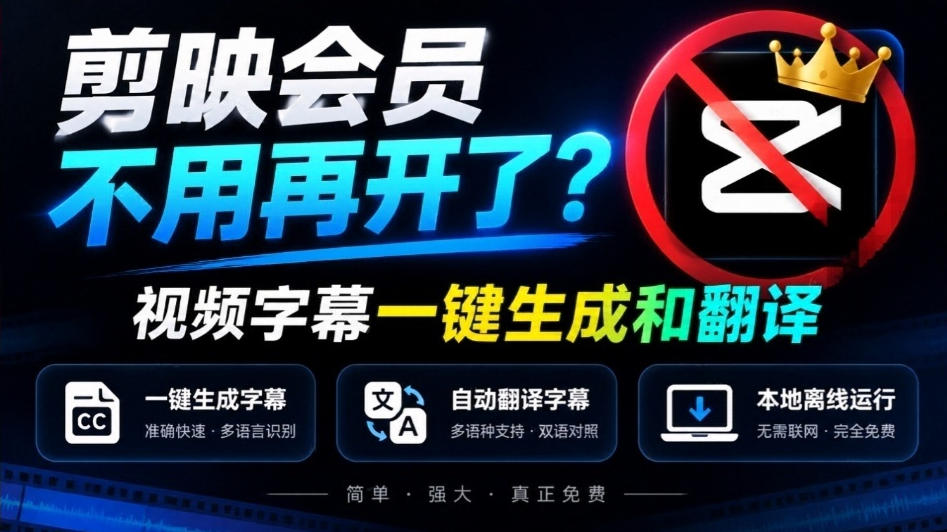 剪映会员不用再开了？视频字幕一键生成加翻译，本地离线运行，完全免费，超快速高精度，字幕大师-云创网