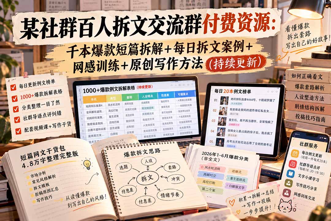 某社群百人拆文交流群付费资源-更新0929：千本爆款短篇拆解+每日拆文案例+网感训练+原创写作方法-云创网