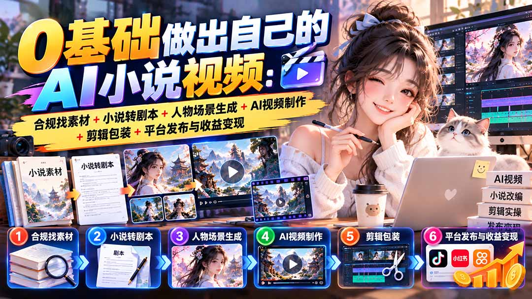 0基础做出自己的AI小说视频：合规找素材+小说转剧本+人物场景生成+AI视频制作+剪辑包装+平台发布与收益变现-云创网