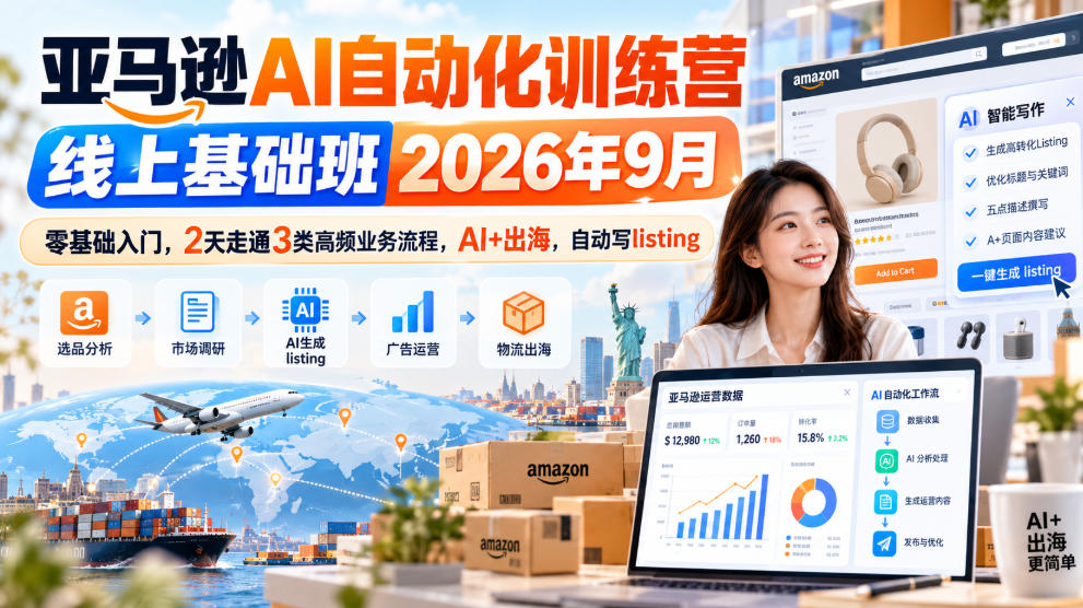 亚马逊AI自动化训练营线上基础班2026年9月，零基础入门，2天走通3类高频业务流程，AI+出海，自动写listing-云创网