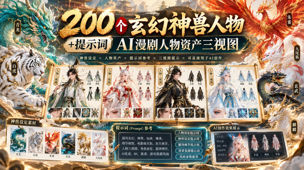 200个玄幻神兽人物+提示词ai漫剧人物资产三视图-云创网