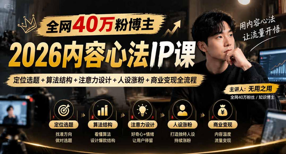 【无水印】全网40W粉博主的2026内容心法IP课，定位选题+算法结构+注意力设计+人设涨粉+商业变现全流程-云创网