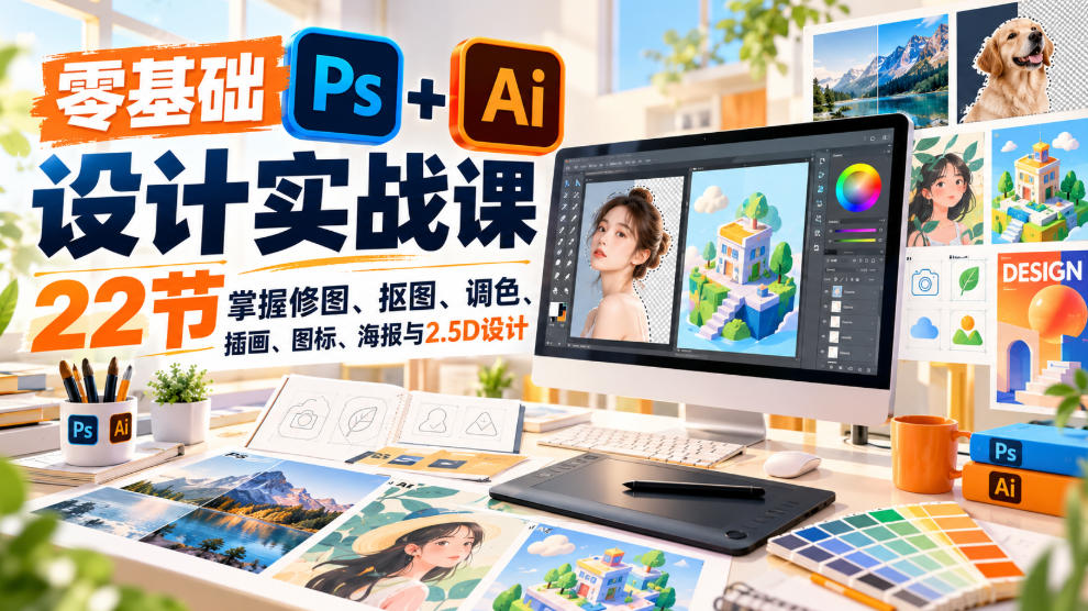 【无水印】零基础PS+AI设计实战课｜22节掌握修图、抠图、调色、插画、图标、海报与2.5D设计-云创网